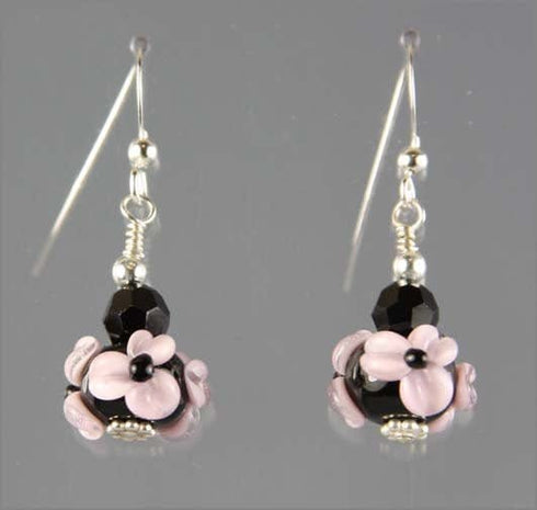 Pink and Black Flower Lampwork Glass Earrings Earrings