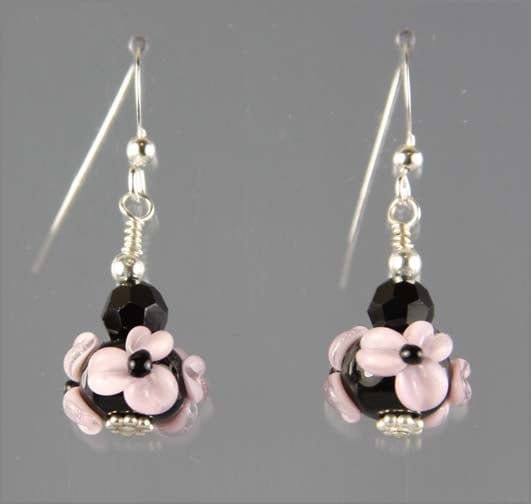 Pink and Black Flower Lampwork Glass Earrings Earrings