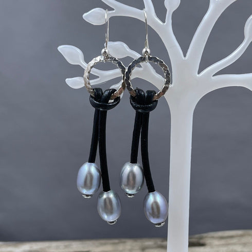 Silver Pearl and Crystal Leather Earrings Earrings