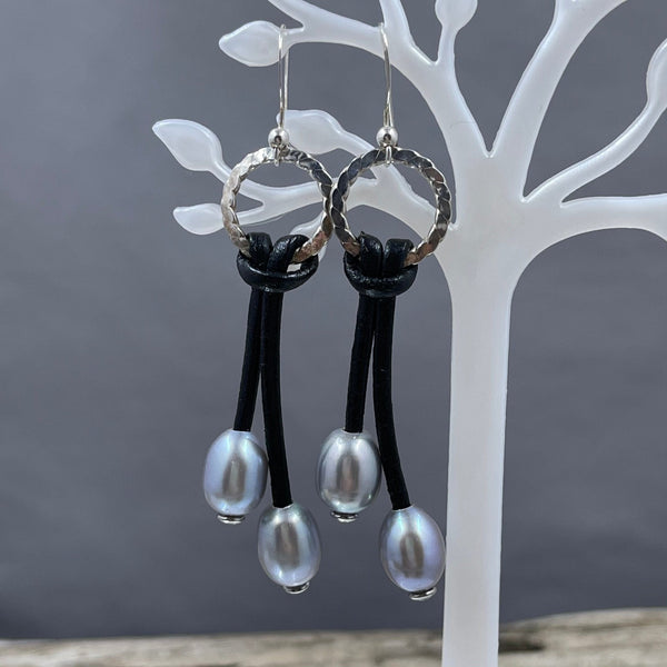 Silver Pearl and Crystal Leather Earrings Earrings