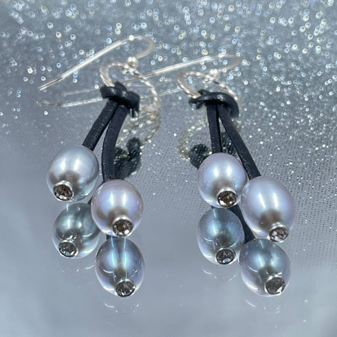 Silver Pearl and Crystal Leather Earrings Earrings