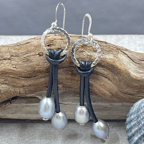 Silver Pearl and Crystal Leather Earrings Earrings