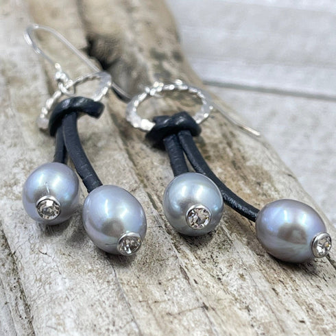 Silver Pearl and Crystal Leather Earrings Earrings