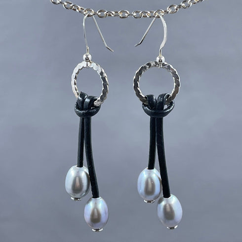 Silver Pearl and Crystal Leather Earrings Earrings