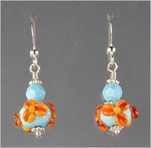 Turquoise and Apricot Flower Lampwork Earrings Earrings