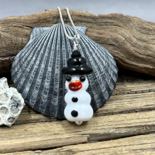 Handmade Lampwork Bead Snowman Necklace Holiday Jewelry
