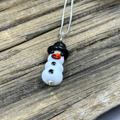 Handmade Lampwork Bead Snowman Necklace Holiday Jewelry