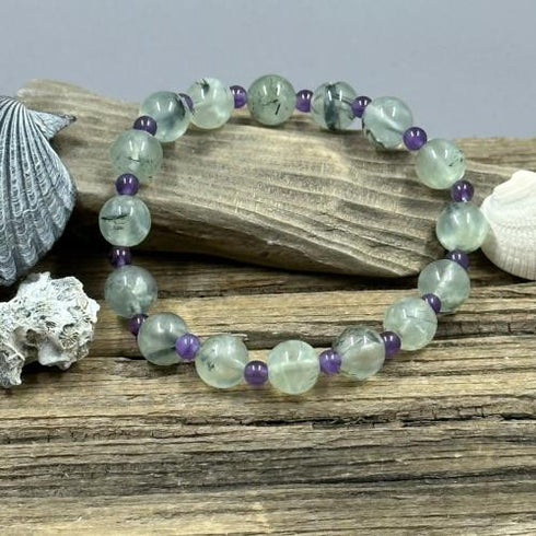 Prehnite and Amethyst Beaded Stretch Bracelet Jewelry