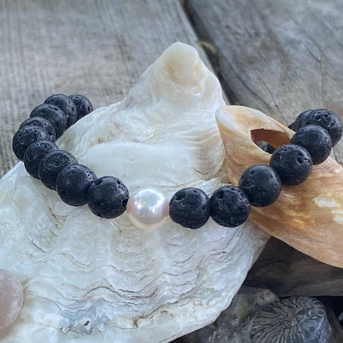 Lava Bead and Freshwater Pearl Bracelet - small