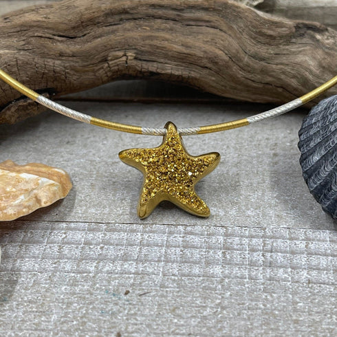 18K Gold Coated Starfish Drusy on Bi-Colored Cable Chain Necklaces