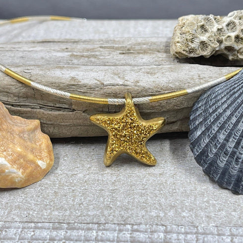 18K Gold Coated Starfish Drusy on Bi-Colored Cable Chain Necklaces