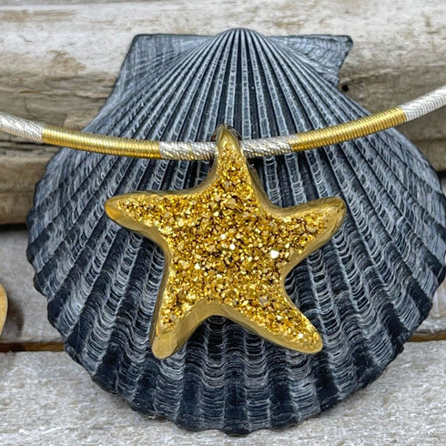 18K Gold Coated Starfish Drusy on Bi-Colored Cable Chain Necklaces