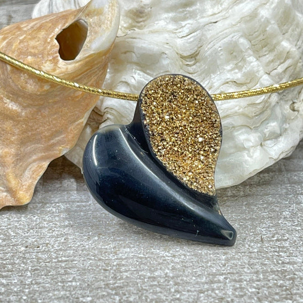Black Agate with 18K Coated Drusy Heart Necklace Necklaces