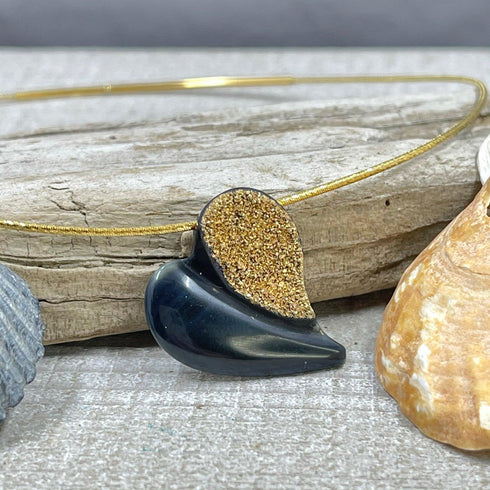 Black Agate with 18K Coated Drusy Heart Necklace Necklaces