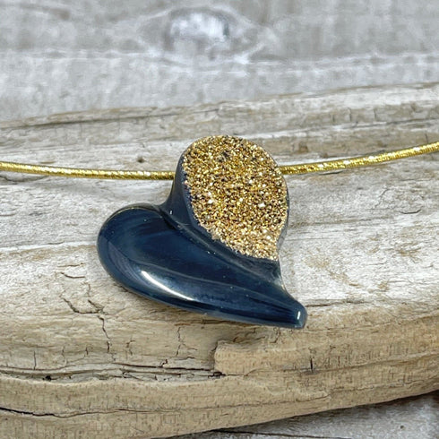 Black Agate with 18K Coated Drusy Heart Necklace Necklaces