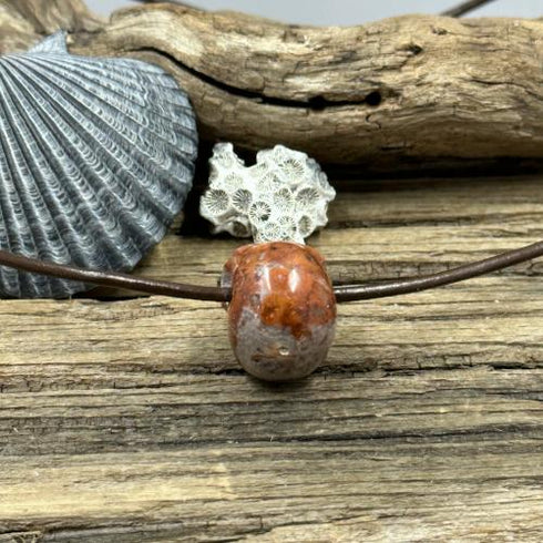 Cantera Mexican Opal Skull Necklace on Brown Leather Necklaces