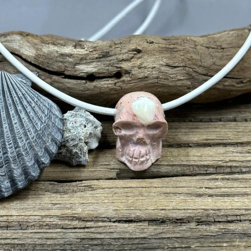 Cantera Mexican Opal Skull Necklace on White Leather Necklaces