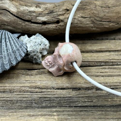 Cantera Mexican Opal Skull Necklace on White Leather Necklaces