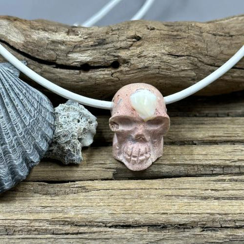 Cantera Mexican Opal Skull Necklace on White Leather Necklaces