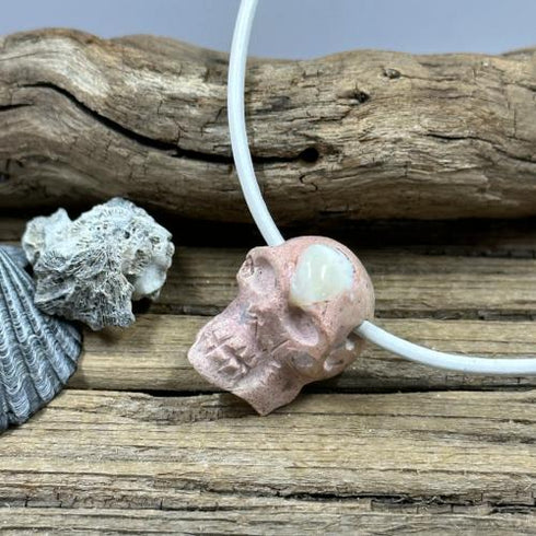Cantera Mexican Opal Skull Necklace on White Leather Necklaces