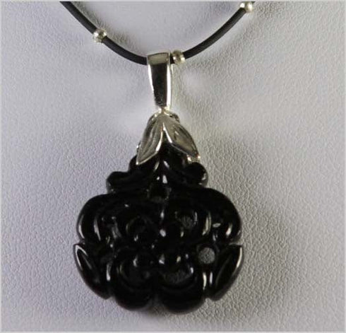 Carved Onyx Focal on Rubber and Sterling Necklace Necklaces