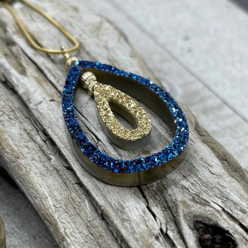 Cobalt Blue Druzy and 18K Gold Coated Tear Drop Necklace Necklaces