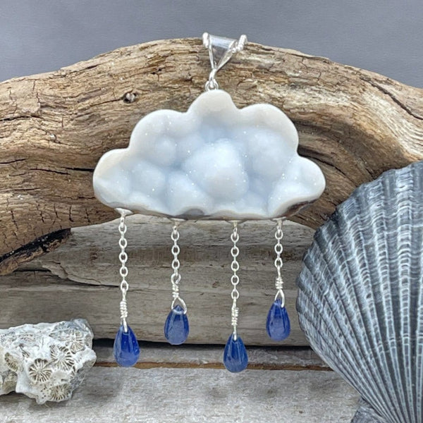 Druzy White Cloud with Sapphire Raindrops Necklace Necklaces