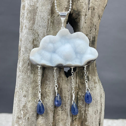 Druzy White Cloud with Sapphire Raindrops Necklace Necklaces