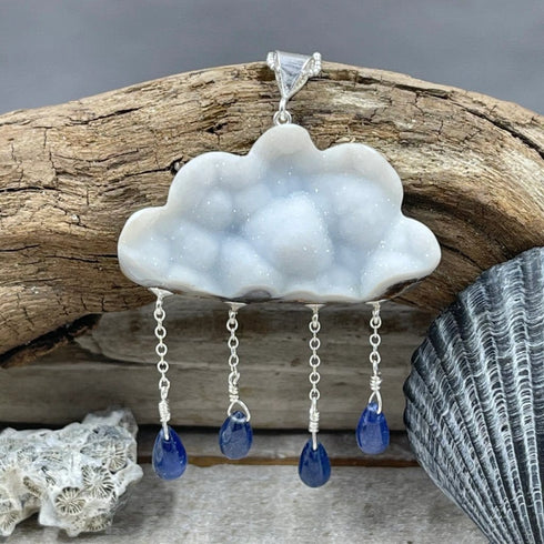 Druzy White Cloud with Sapphire Raindrops Necklace Necklaces