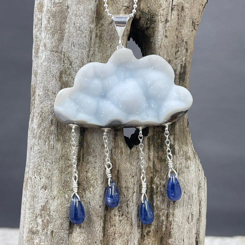Druzy White Cloud with Sapphire Raindrops Necklace Necklaces
