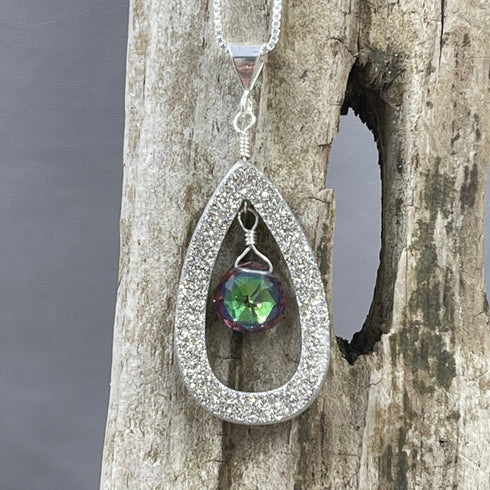 Sparkling Platinum Druzy Drop with Mystic Topaz Necklace Necklaces