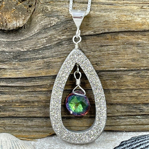 Sparkling Platinum Druzy Drop with Mystic Topaz Necklace Necklaces