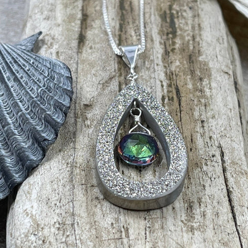 Sparkling Platinum Druzy Drop with Mystic Topaz Necklace Necklaces
