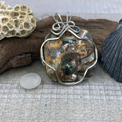 Sterling Silver Wire-Wrapped Mother of Pearl and Bronze Pendant Necklaces