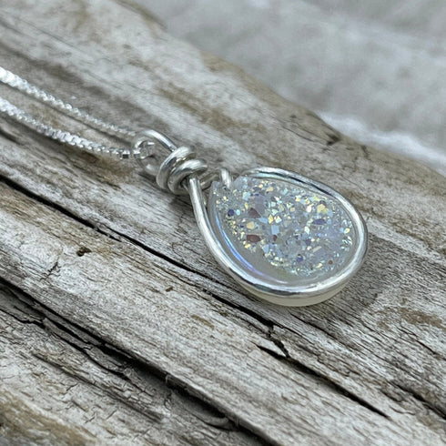 White Dichroic Teardrop Druzy Necklace Necklaces