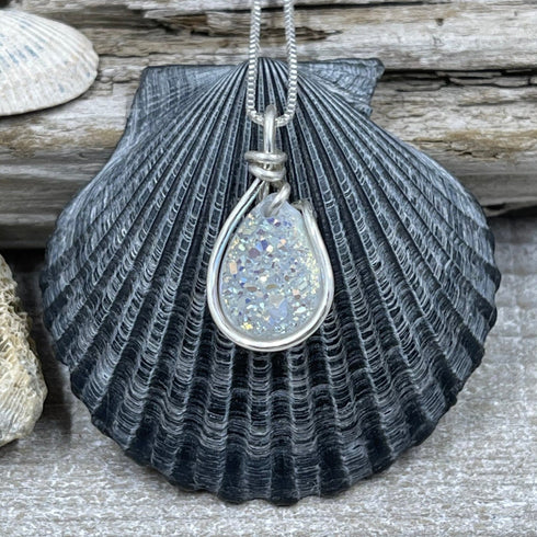 White Dichroic Teardrop Druzy Necklace Necklaces