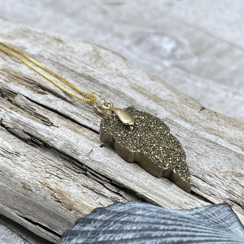 Zirconium and Silver Coated Druzy Leaf on 14K Box Chain Necklaces